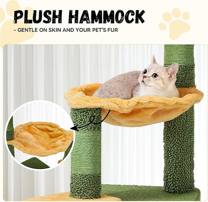 DWVO Cactus Cat Tree: 37" Tall with Self-Grooming Brush, Cute Kitten Climbing Tower for Indoor Kittens with Cat Condo, Plush Platform, Hammock, Sisal Scratching Posts, Dangling Ball