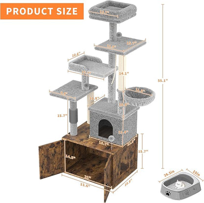 Cat Tree with Litter Box Enclosure Large, Multilevel Cat Play House with Large Condo, Spacious Hammock, Cozy Top Perch,Scratching Post and Dangling Balls