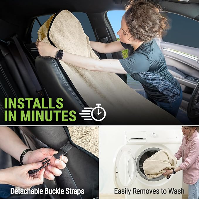 Season Guard Terry Cloth Sweat Towel Seat Cover; Carseat Towel Protector; Great for Gym Workout; Waterproof; Universal Fit for Car SUV Van Truck; EZ fit; Non Slip Grip; Machine Washable; 2pc Tan