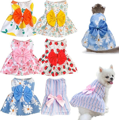6 Pieces Dog Dresses for Small Dogs Girls, Cute Princess Puppy Kitten Dog Dresses with Flowers and Bowknot for Pet Cats, Small Dogs Outfits Female Pet Skirts Clothes for Chihuahua Yorkies