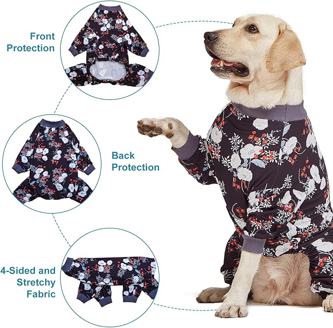 LovinPet Medium/Big Breeds Large Dog Pajamas, Anti Licking, Wound Care/Post Surgery Dogs Pajamas, Lightweight Stretchy Fabric, Beautiful Bouquets Black Print Large Dog Onesies, Pet PJ's /3XL