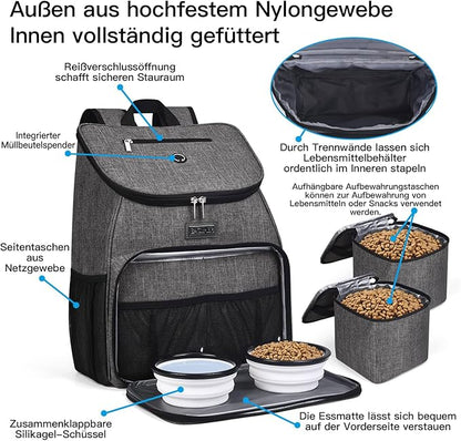 BAGLHER丨Dog Travel Bag, Airline Approved Pet Supplies Backpack, Dog Travel Backpack Accessories Set with 2 Silicone Collapsible Bowls and 2 Food Baskets, Gray