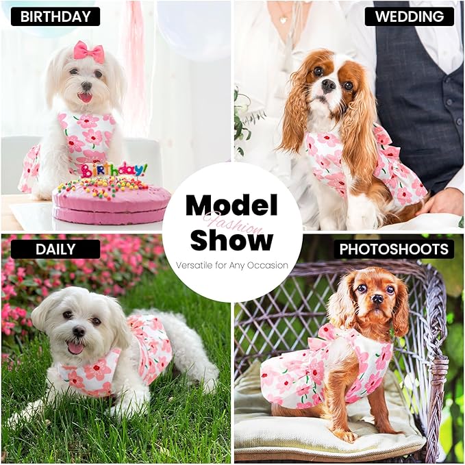 ABRRLO Cute Dog Dress Small Dog Clothes for Girls Female Puppy Outfits Pink Floral Pet Summer Clothes Bowknot Doggy Cat Princess Dress Harness Set for Holiday Birthday Party Costume Clothing (Pink,L)