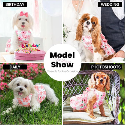 ABRRLO Cute Dog Dress Small Dog Clothes for Girls Female Puppy Outfits Pink Floral Pet Summer Clothes Bowknot Doggy Cat Princess Dress Harness Set for Holiday Birthday Party Costume Clothing (Pink,L)