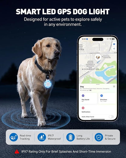Pet Tracker for Cats and Dogs, Works with Apple Find My, No Monthly Fee | Compatible with iPhone,IPX7 Waterproof, RGB LED Night Light, Paw Print Design, 360-Day Battery, Lightweight Pet Collar Tag