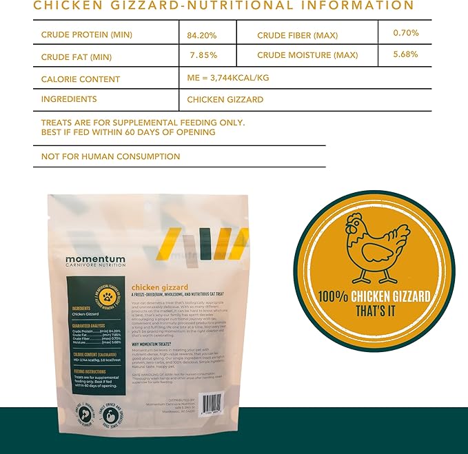 Momentum Carnivore Nutrition Freeze-Dried Chicken Gizzard Cat Treats – Single-Ingredient, High-Protein, All-Natural, Grain-Free, Naturally Flavorful – Made in USA – 1.9 oz Bag