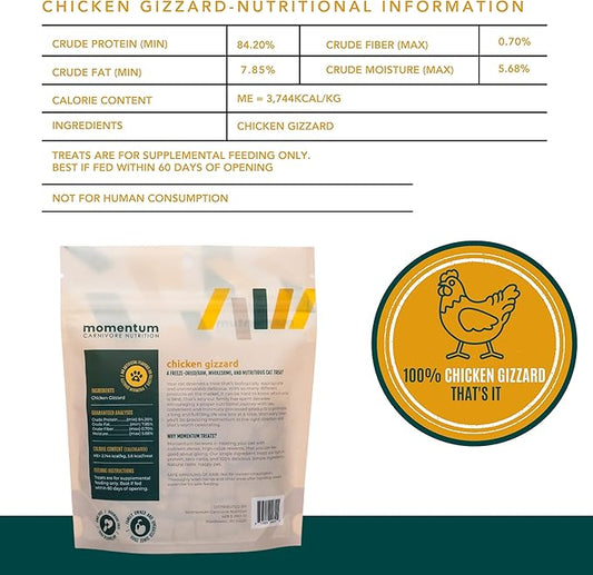 Momentum Carnivore Nutrition Freeze-Dried Chicken Gizzard Cat Treats – Single-Ingredient, High-Protein, All-Natural, Grain-Free, Naturally Flavorful – Made in USA – 1.9 oz Bag
