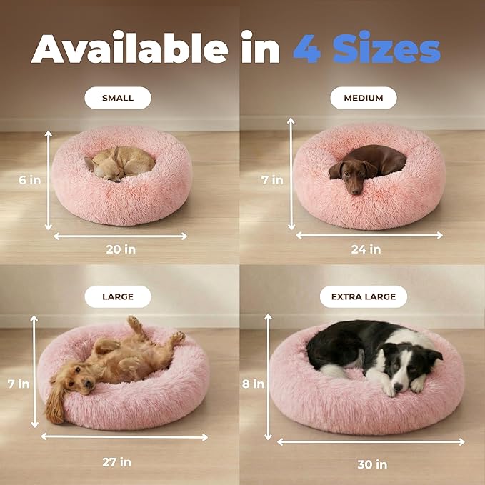 Best Pet Supplies Round Calming Dog Bed for Small, Medium & Large Dogs, Plush Donut Cuddler Pet Bed w/Raised Rim for Head, Neck Support, Anti-Slip Bottom Washable Bed - Pink, 27 x 27 x 7.5
