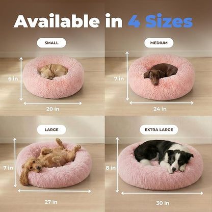 Best Pet Supplies Round Calming Dog Bed for Small, Medium & Large Dogs, Plush Donut Cuddler Pet Bed w/Raised Rim for Head, Neck Support, Anti-Slip Bottom Washable Bed - Pink, 24 x 24 x 7