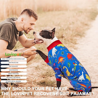 LovinPet Pitbull Large Dog Clothes, Wound Care/Post Surgery Dog Clothes, Lost World Dinosaurs Print, UV Protection, Pet Anxiety Relief, Large Dog Onesies, Pet PJ's /3XL