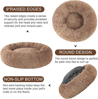 Dog Calming Beds for Small Medium Large Dogs - Round Donut Washable Puppy Dog Bed, Anti-Slip Faux Fur Fluffy Donut Cuddle Anxiety Cat Pet Bed(16'' Khaki