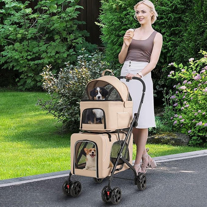 PETSITE Double Dog Stroller, Foldable 3-in-1 4 Wheels Cat Stroller with 2 Detachable Carriers, Safety Belt, Washable Cover, Removable Pads for Small Medium Dogs Cats (Beige)
