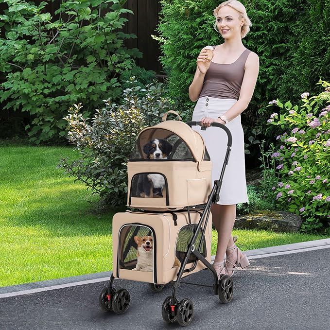 4-in-1 Double Pet Stroller with 2 Detachable Carriers, Foldable Dog Cat Travel Stroller for Small Medium Pets, Travel Cat Bag with Safety Belt & Lockable Wheels, Beige