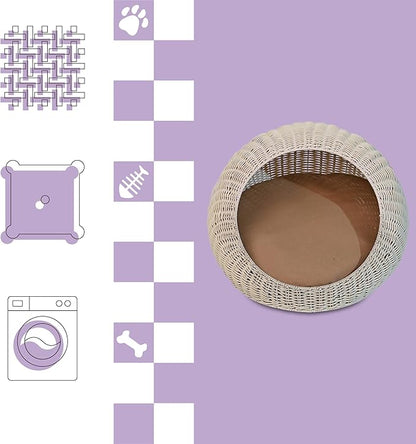 CBD3000C Fiora 19.5" x 18" Modern Circular Faux Wicker Pet Bed with Machine-Washable Cushion, Cat Beds for Indoor Cats, White