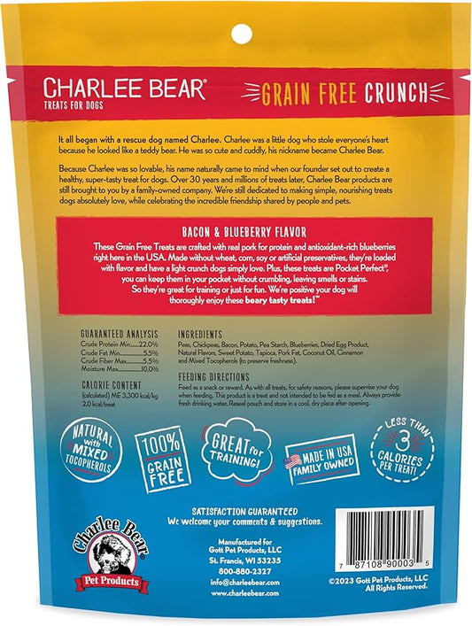 Charlee Bear Crunch Grain Free Dog Treats, Bacon and Blueberry, 8 Ounce Resealable Bag, Low Calorie Training Treats for Dogs, Limited Ingredient, Healthy, Crunchy Dog Snacks, Made in USA