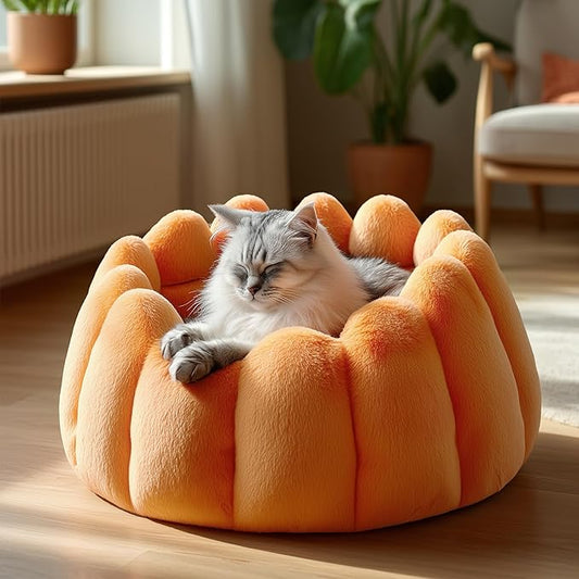 PETNOVO Pumpkin Calming Cat Bed,Plush Donut Cuddler with High Bolster,Ultra Soft Bunny Plush,Oeko‑TEX,Non-Slip Pet Nest,for Indoor Cats up to 13 lbs & Small Dogs,20Lx20Wx12H Inch,Pumpkin Yellow