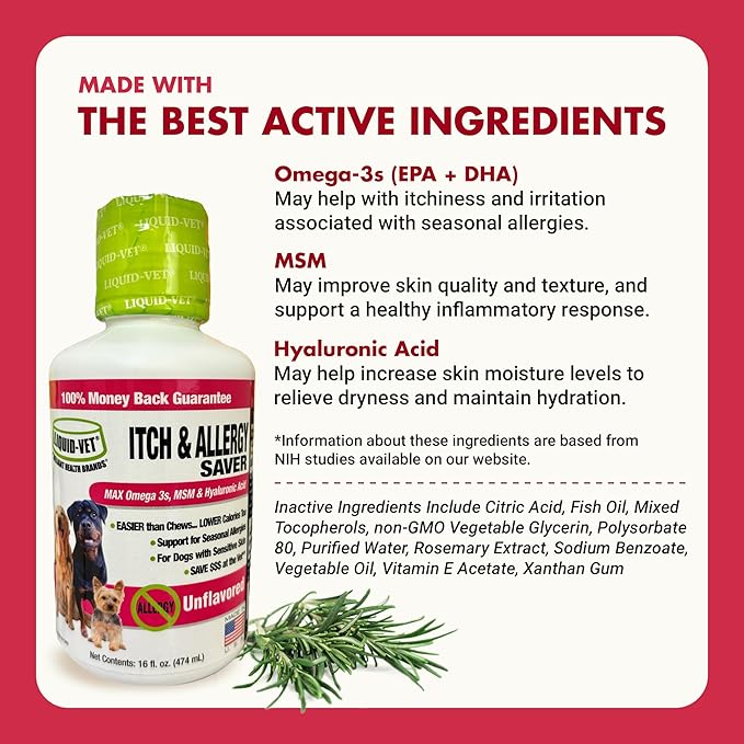 LIQUID-VET K9 Itch & Allergy Advanced Formula, AntiItch & Allergy Support with Omega3s Fish Oil, MSM, Vitamin E, and Hyaluronic Acid Dog Care Essentials for Dry, Sensitive Skin