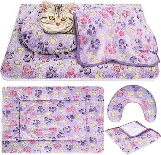 Namalu Cat Bed Mat with Soft Blanket and Pillow for Indoor Cats Cute Print Washable Crate Mat Fleece Warm Blanket Fluffy Pet Calming Half Donut U Shaped Neck Pillow for Small Dogs and Cats