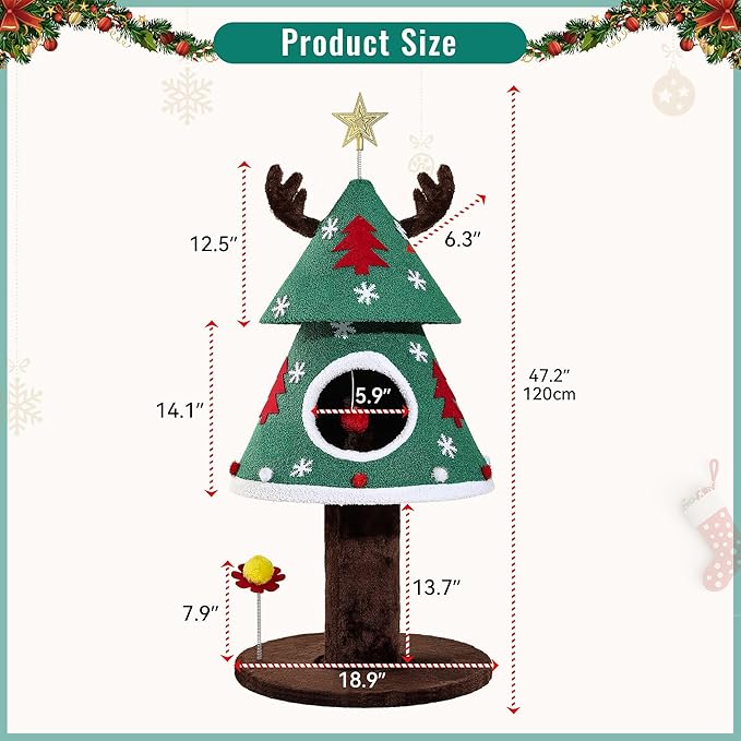 YITAHOME Christmas Cat Tree, 47.2in Christmas Tree Cat Tower with Teaser Ball, Festive Kitty Bed Furniture for Small Cats