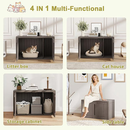 Cat Litter Box Enclosure, Hidden Enclosed Litter Box Furniture with Adjustable Partition, Multi-Functional Outdoor Cat House, Side Table, Easy to Clean, Dark Grey