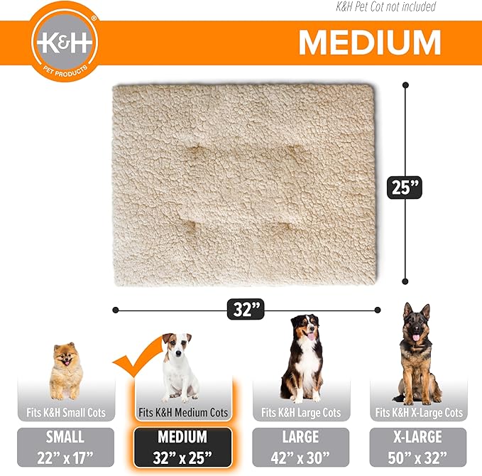 K&H Pet Products Dog Cot Pad (Cot Sold Separately), Pillow-Top Comfort Bed for K&H Medium Elevated Dog Beds, Soft & Fluffy, Secure Fit Straps, Machine Washable, Portable - Medium 32 X 25in Tan Fleece