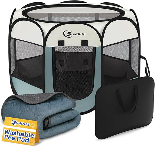 Siedihit Dog Playpen with Washable Pee Pad, Puppy Pet Cat Playpen Small Dogs Tent Crate Indoor/Outdoor, Portable Pop Up Kennel with Carrying Case for Cats/Rabbits(Grey,Small with pad)