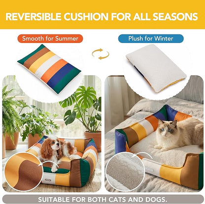 PETNOVO Large Dog Bed with Washable Removable Cover, Reversible All-Season Cushion, Non-Slip Base, Rainbow Pattern, Eco Gift Box, 29.5 × 21.7 × 7.9 in
