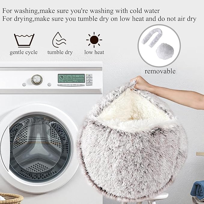 Keep Warm Lapcatz Nest Bed, Cat Bed Round Fluffy Hooded Cat Bed Cave, Anti-Slip Bottom and Machine Washable,Removable Washable Round Beds for Small Medium Pets (Coffee,70cm/27.5inch)