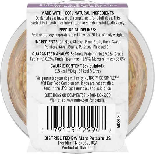 Nutro So Simple Wet Dog Food Meal Complement, Dog Food Toppers Chicken & Duck Recipe in Bone Broth, 2 oz. Trays (10 Count, Pack of 1)