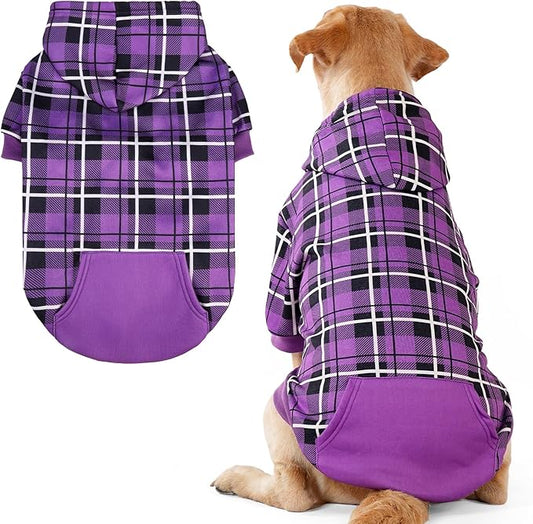 EXPAWLORER Plaid Dog Hoodie - British Style Warm Dog Sweater Shirt with Leash Hole,Pitbull Clothes Outfits,Winter Coat Apparel for All Breeds Puppy Girl Boy-Cat Apparel,Purple X-Large