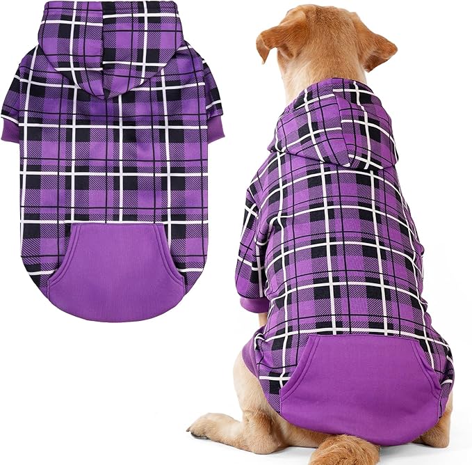EXPAWLORER Plaid Dog Hoodie - British Style Warm Dog Sweater Shirt with Leash Hole,Pitbull Clothes Outfits,Winter Coat Apparel for All Breeds Puppy Girl Boy-Cat Apparel,Purple XX-Large