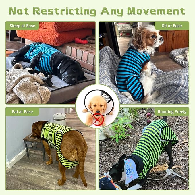 2 Packs Breathable Cotton Dog Recovery Suit for After Neuter Spay Abdominal Wounds Protector, Professional Anti-Licking Onesies for Male Female Pets Surgery Bandages, 2XL Blue & Green Stripes