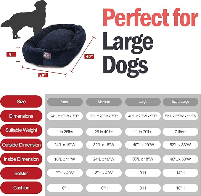 Majestic Pet Large Dog Bed, Washable Orthopedic Donut Cuddle Bed for Big Dogs, Calming Pet Bed with Bolster Support,Micro-Velvet Villa Navy Blue 40x29x9 Inch