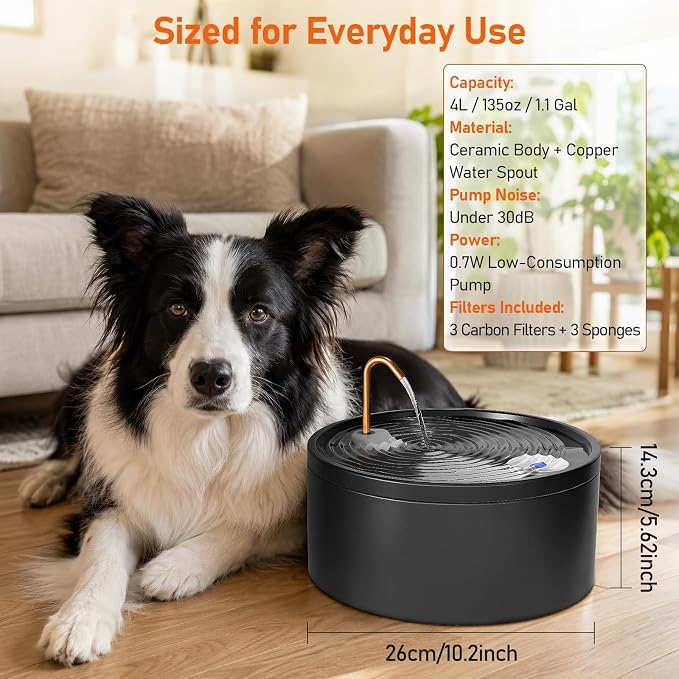MISFANS Ceramic Dog Water Fountain, 4L/135oz/1.1Gal – All-Ceramic Body with Copper Water Spout – Pet Drinking Fountain for Medium & Small Dogs, Ultra-Quiet Pump, Includes 3 Filters & Sponges