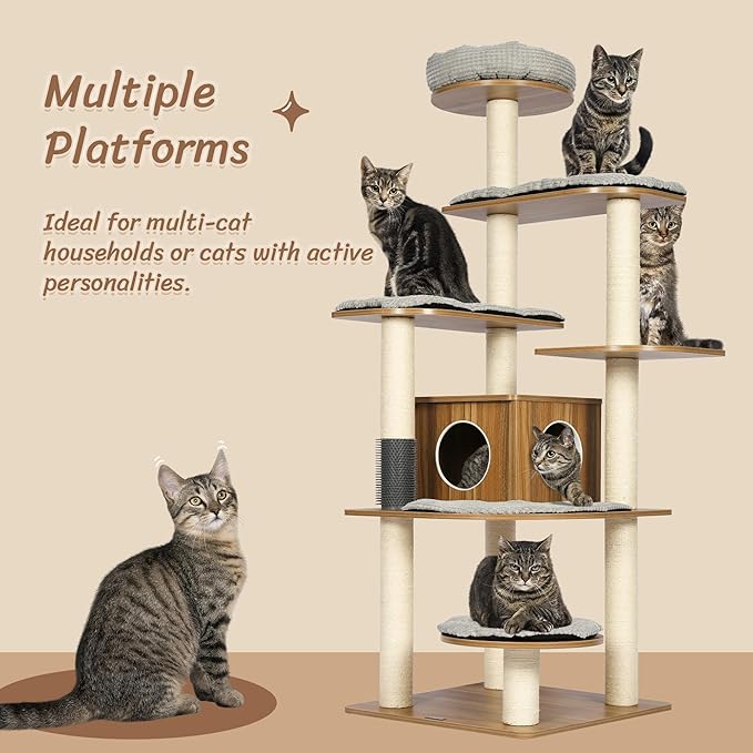 KAMABOKO 69”H Tall Wood Cat Tree, Large Cat Tower Multi-Level Platforms with Sisal Scratching Posts, Cat Condo for Large Cats 20 lbs Heavy Duty (69” H Wood Brown)