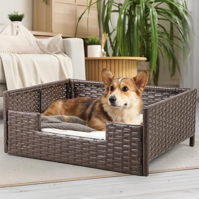 DWVO Rattan Dog House Outdoor Indoor with Cushion, Wicker Dog Sofa Bed for Small, Medium, and Large Dogs, 24.8''L*19.7''W*9.8''H, Beige