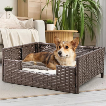 DWVO Rattan Dog House Outdoor Indoor with Cushion, Wicker Dog Sofa Bed for Small, Medium, and Large Dogs, 24.8''L*19.7''W*9.8''H, Beige