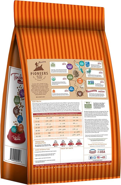Dog food package with detailed label on an orange background