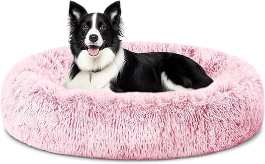 ELSKER&HOME Calming Dog Bed,Donut Washable Warming Soft Round 39 inches Dog Beds for Large Dogs,Anti-Anxiety Fluffy Plush Cushion Bed Fits up to 120 lbs Pets,Pink