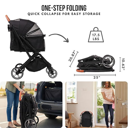 Bicystar Pet Stroller for Small Medium Dogs Cats Up to 45 lbs, Travel Lite Collapsible, All Terrain 4 Wheels for Jogging, Running, Black