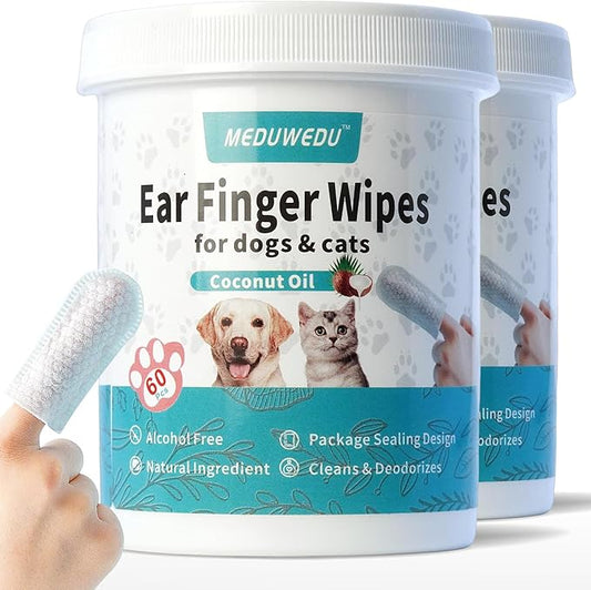 MEDUWEDU Ear Cleaner Finger Wipes 120 Counts, Dog Ear Cleaner, Grooming Kit Care for Dogs and Cats, Soft & Easy Otic Cleaning Pads, Remove Wax, Dirt & Stop Smelly, Itchy, Non-Irritating, Coconut Scent