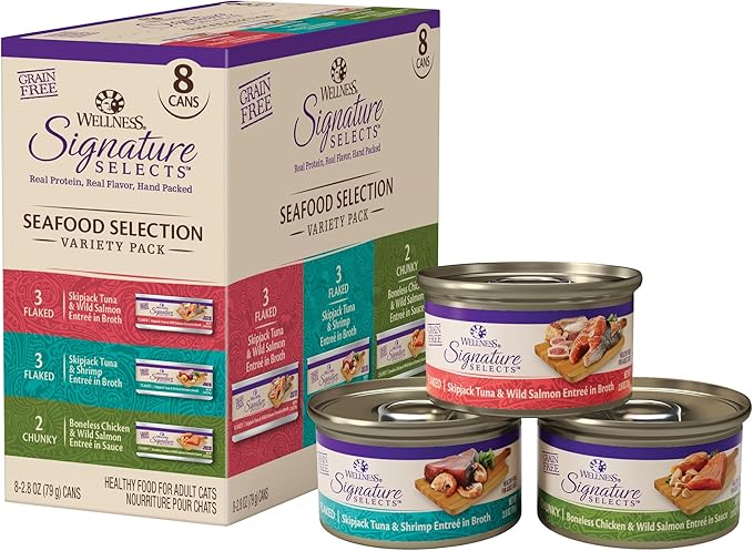 Wellness CORE Signature Selects Variety Pack Adult Canned Wet Cat Food, Natural, Protein Rich, Grain Free, Seafood Recipes, 2.8 oz, Pack of 8 Cans
