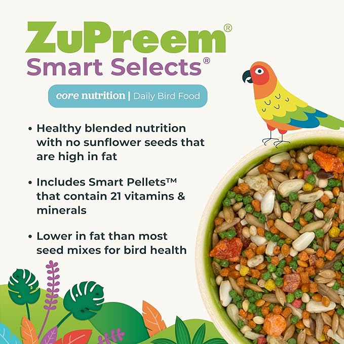 ZuPreem Smart Selects Bird Food, Cockatoo Food, Bird Feed Pellets and Seed Blend, Macaw Diet, Daily Nutrition for Amazons, Cockatoos, and Macaws, Made in USA, Amazon Diet, (Large, 4 lb bag)
