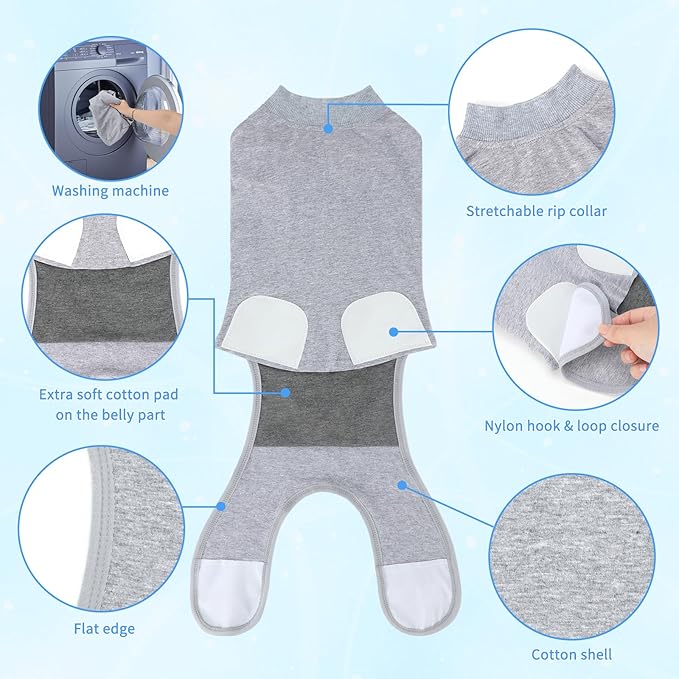 2 Packs Breathable Cotton Dog Recovery Suit for After Neuter Spay Abdominal Wounds Protector, Professional Anti-Licking Onesies for Male Female Pets Surgery Bandages, XL Grey Blue Pure