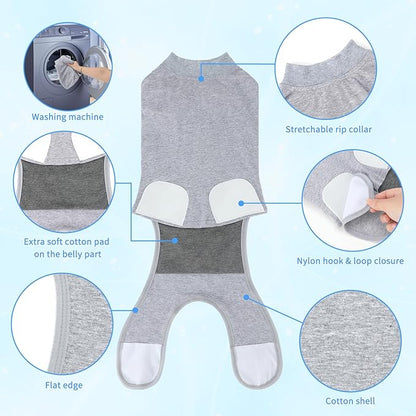 2 Packs Breathable Cotton Dog Recovery Suit for After Neuter Spay Abdominal Wounds Protector, Professional Anti-Licking Onesies for Male Female Pets Surgery Bandages, M Grey Blue Pure
