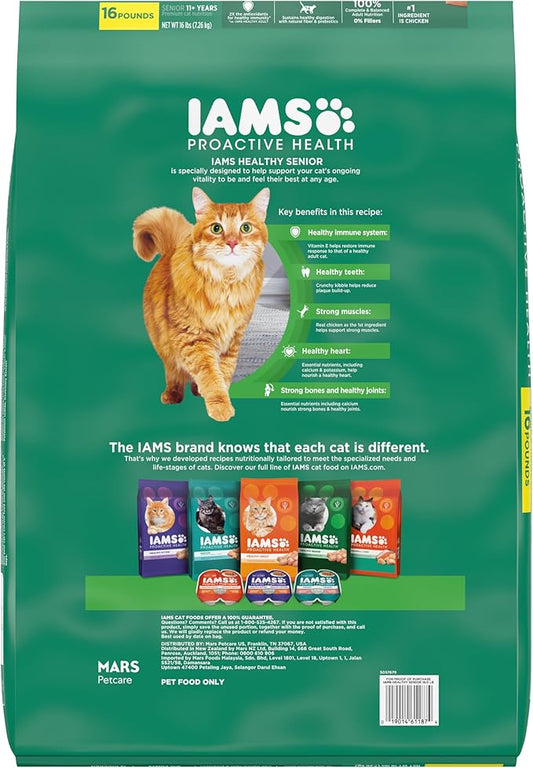 IAMS Proactive Health Senior Dry Cat Food Cat Food Dry Chicken Recipe, Real Chicken in Every Bite, 16 lb. Bag