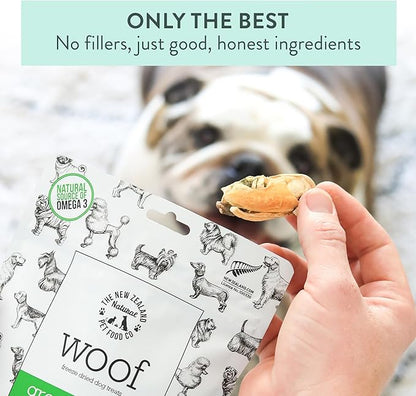The New Zealand Natural Pet Food Co. WOOF Freeze Dried Dog Treats - High Protein, Small & Large Dog, Natural, Topper, Treat, Green Mussels - 1.76 oz
