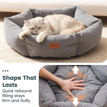 Cat Bed, 22 Inch Washable Corduroy Cat and Small Dog Bed with Removable Cover & Anti-Slip Bottom, Calming Comfort Pet Bed for Pets up to 15 lbs (Gray)