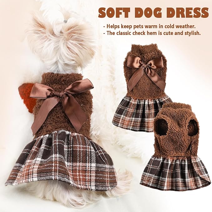 Yikeyo Dog Sweater Dress,Dog Dress Clothes Dresses for Small Dogs Girl Winter Fall Flannel Warm Pet Puppy Cat Tutu Princess Plaid Female Sweater (Medium, Brown)