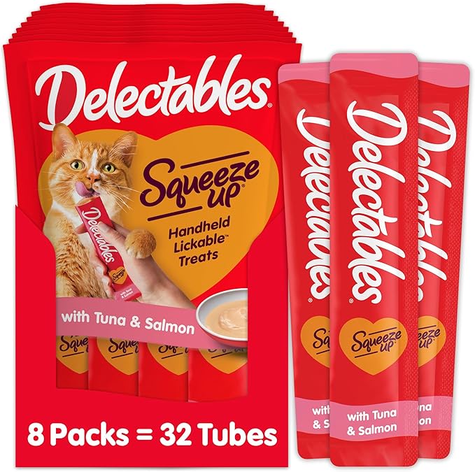 Delectables Squeeze Up Creamy Squeezable Puree, Lickable Wet Cat Treats, Grain Free, No Added Fillers, No By-Products, No Added Preservatives, 0.5 Ounces Tuna & Salmon, 32 Tubes Total